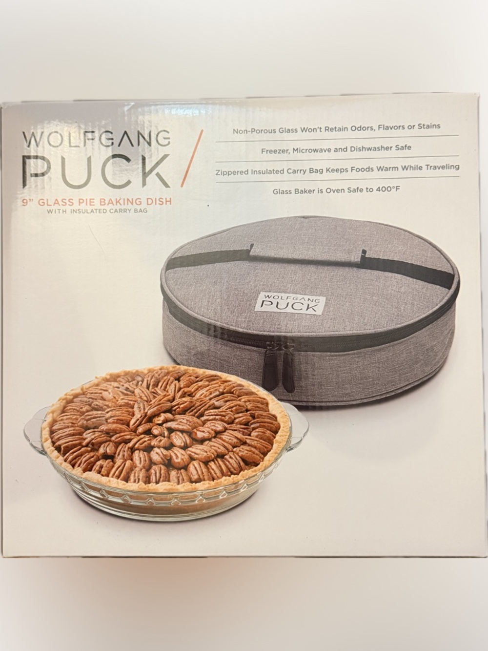 Wolfgang Puck 9" Glass Pie Baking Dish With Insulated Carry Bag NIB
